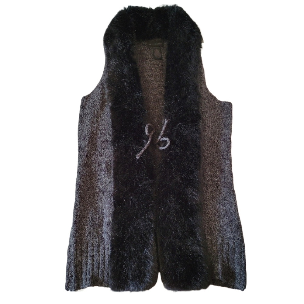Steve Madden Faux Fur Long Open Front Vest Gray Black Size M/L